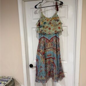 HEMANT & NANDITA Floral Midi Dress in Mint, Coral & Yellow